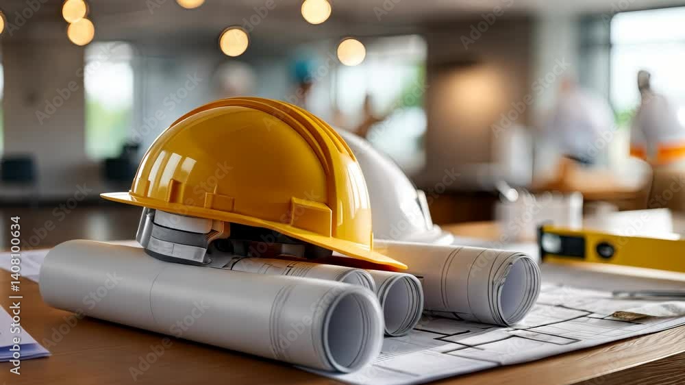 Poster the construction planning and design process unfolds in a vibrant workspace filled with blueprints a