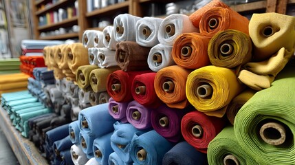 Colorful Rolls of Fabric Displayed at Textile Market Stall for Fashion and Interior Design Projects