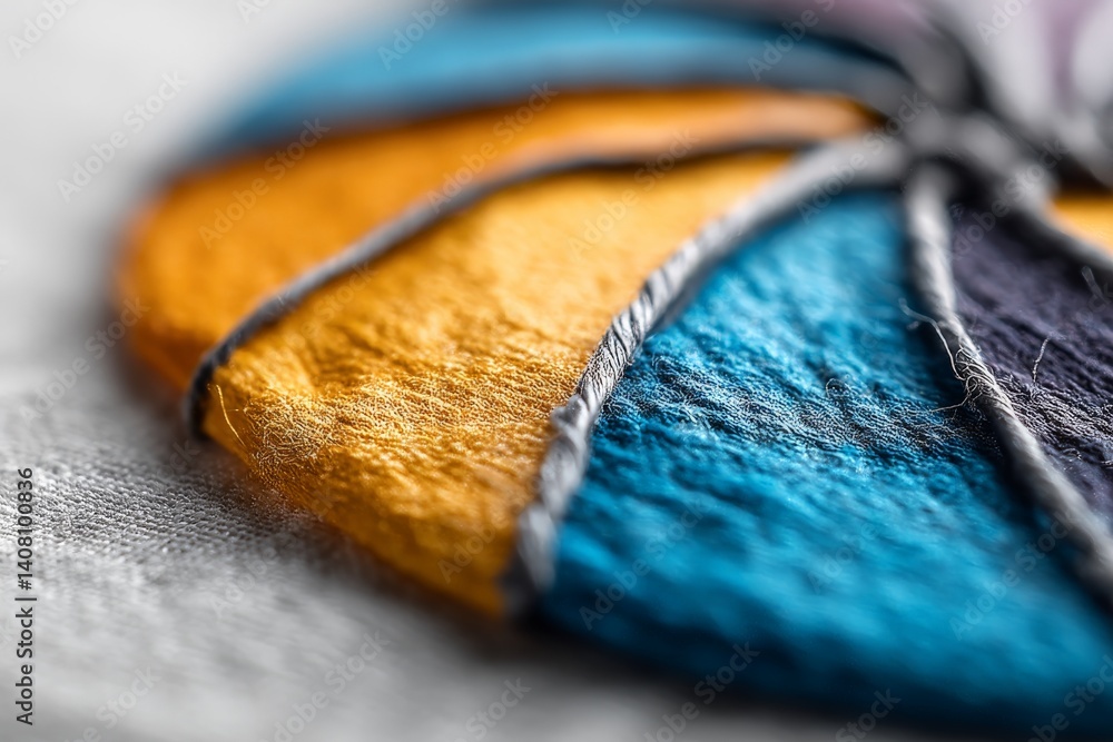 Poster colorful textile art showcasing intricate stitching and vibrant fabric patterns on a soft background