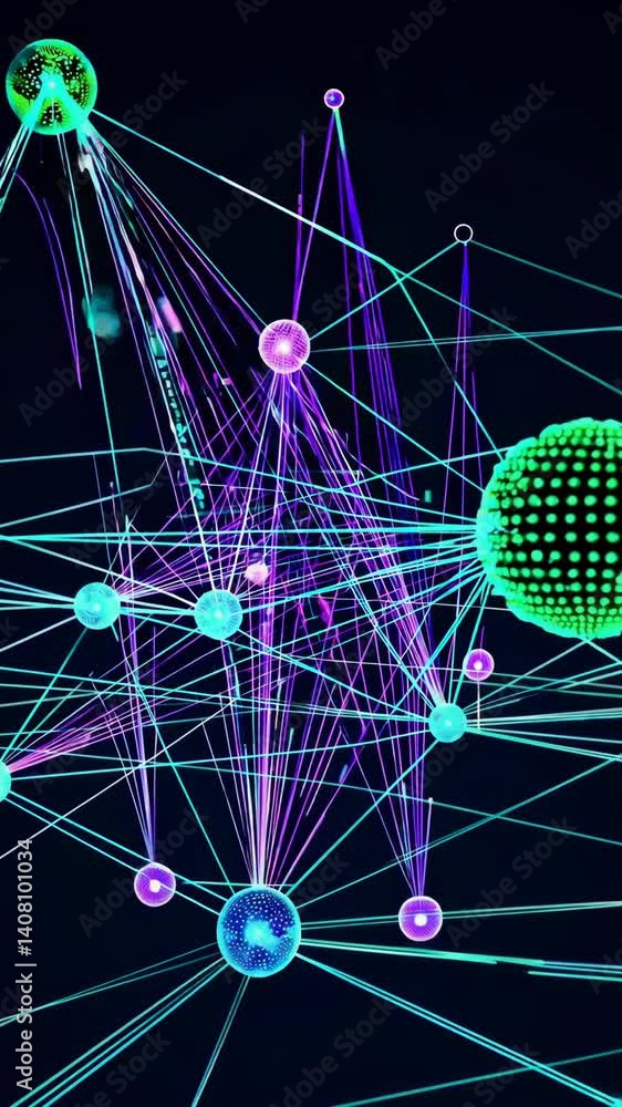Poster dynamic neon network of interconnected spheres and lines in futuristic motion