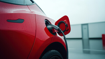 Fototapeta premium Red ev car charging on rainy day Electric vehicles sustainable transport car plugged in to charge