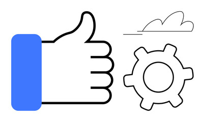 Large thumbs-up gesture with a blue sleeve, a gear symbol representing efficiency, and a cloud indicating flexibility. Ideal for productivity, success, teamwork, innovation, decision-making