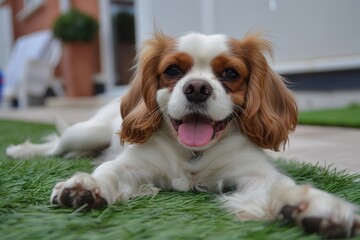 Happy cavalier king charles spaniel dog relaxing on grass at home pet photography outdoors close-up joyful moment