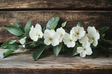 Feminine Floral Still Life White Hydrangea and Olive Branch on Rustic Wooden Table