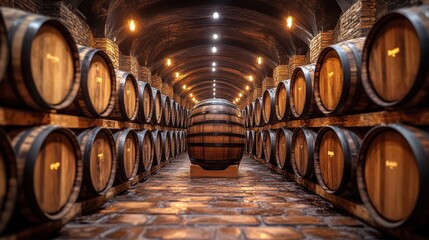 whiskey bourbon scotch barrels in an aging facility,stock photo