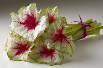 Colorful caladium leaves arranged with care create a stunning natural bouquet indoors
