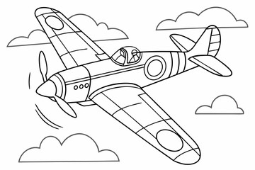 Naklejka premium Coloring Pages, Fighter Plane in flight, uncolored, black and white