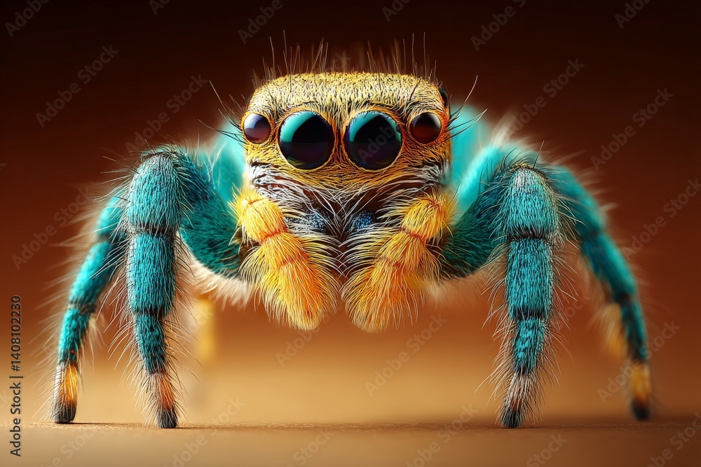 Poster colorful jumping spider displaying vibrant patterns in natural light, showcasing intricate details o