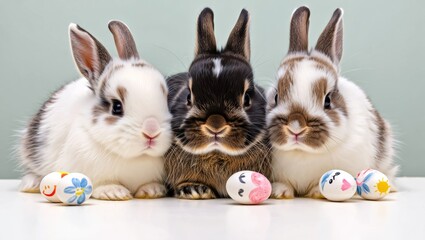 Three Easter Bunnies with Painted Eggs