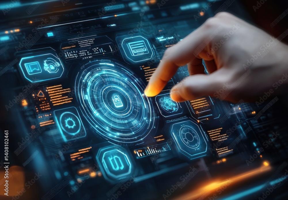 Poster futuristic data management interface cyberpunk neon lighting depth of field interaction
