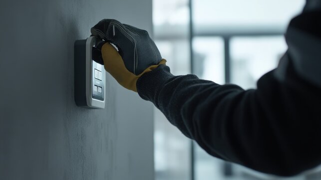 Electrician installing a security system in a building. Featuring electrical installation and security systems