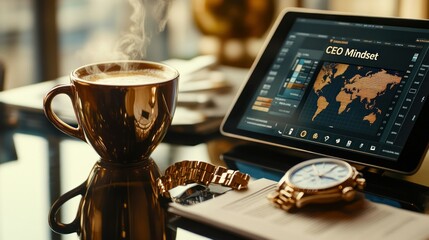 Executive's morning routine with global focus.  A steaming cup of coffee sits beside a tablet displaying global data and a CEO mindset graphic