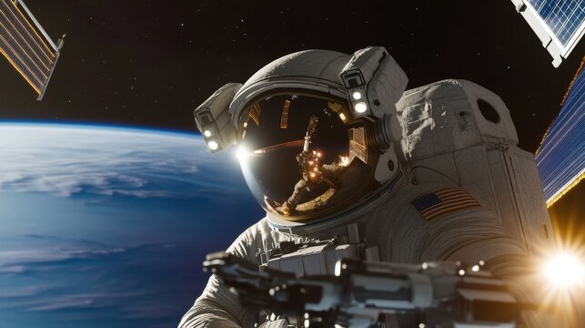 Professional astronaut performing maintenance on space station with earth in background