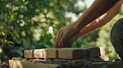 Masonry worker placing bricks for a retaining wall in a garden. Featuring strength and stability