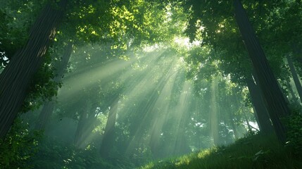 Obraz premium Sunbeams illuminate misty, green forest; tall trees.