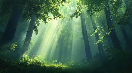 Obraz premium Sunbeams pierce misty green forest, illuminating foliage.