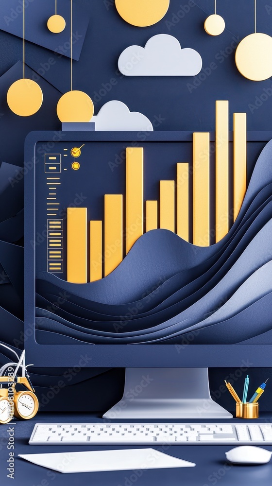 Poster a modern computer display showing colorful graphs and data visualizations, set against a stylish blu