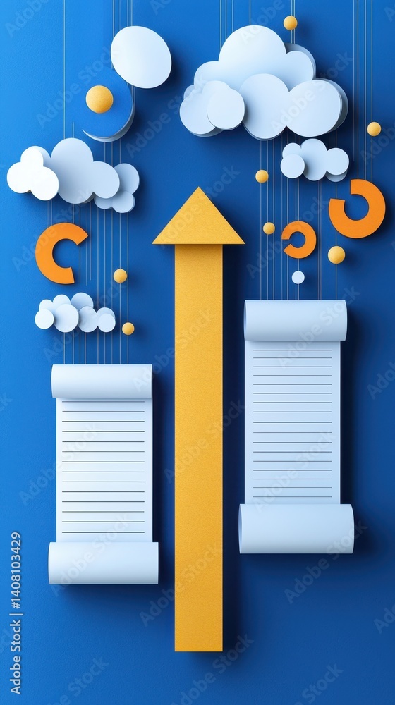 Poster a colorful graphic design featuring scroll-like elements, clouds, and an upward arrow, symbolizing g