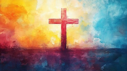 Collection set watercolor, delicate wooden crosses with floral wreaths, soft pastel pinks and greens, minimal cloudy background