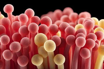 Colorful microscopic view of fungal structures shows intricate details and vibrant hues in a research setting