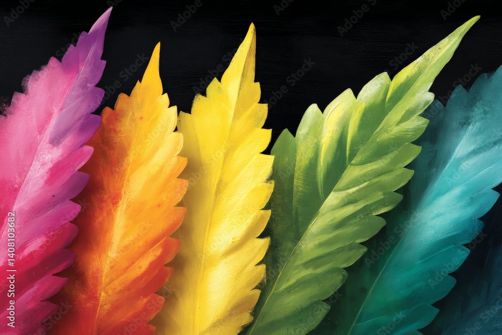Poster Vibrant colored leaves arranged in a row highlighting artistic design and creativity in an abstract setting
