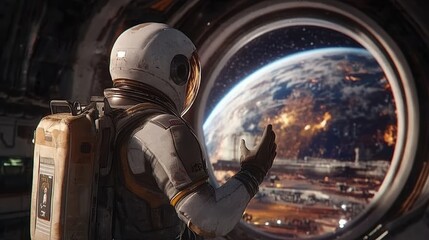 Fototapeta premium Astronaut observing earth from space station window