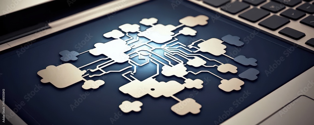 Poster a digital design showing interconnected cloud shapes and circuits on a laptop, symbolizing technolog