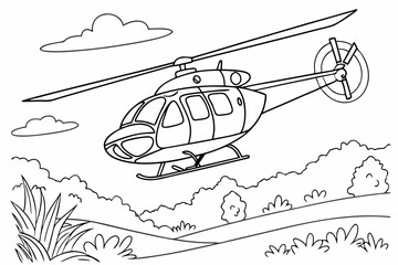 Coloring Pages, Helicopter in flight, uncolored, black and white