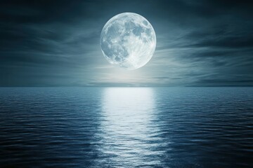 Full moon reflects on the water surface under a cloudy night sky.