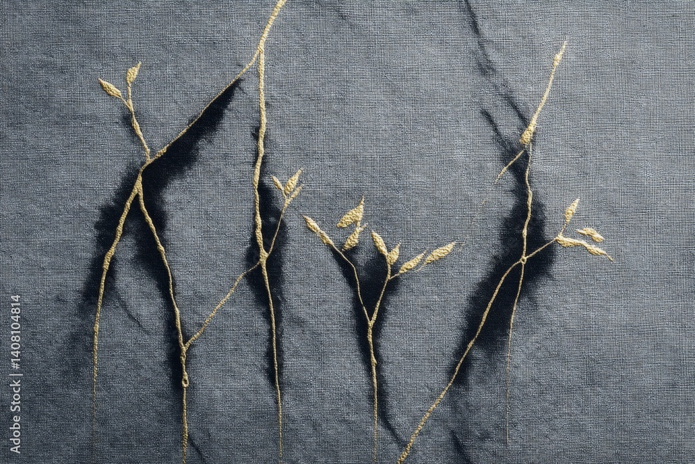 Poster intricate embroidery of branches with leaves on textured fabric in a muted color scheme