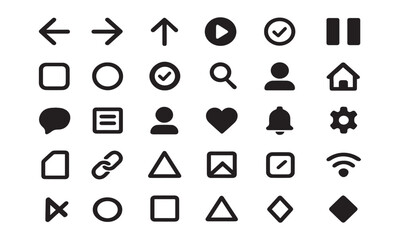 A set of web icons including symbols for business, communication, and navigation elements like arrows, buttons, and logos