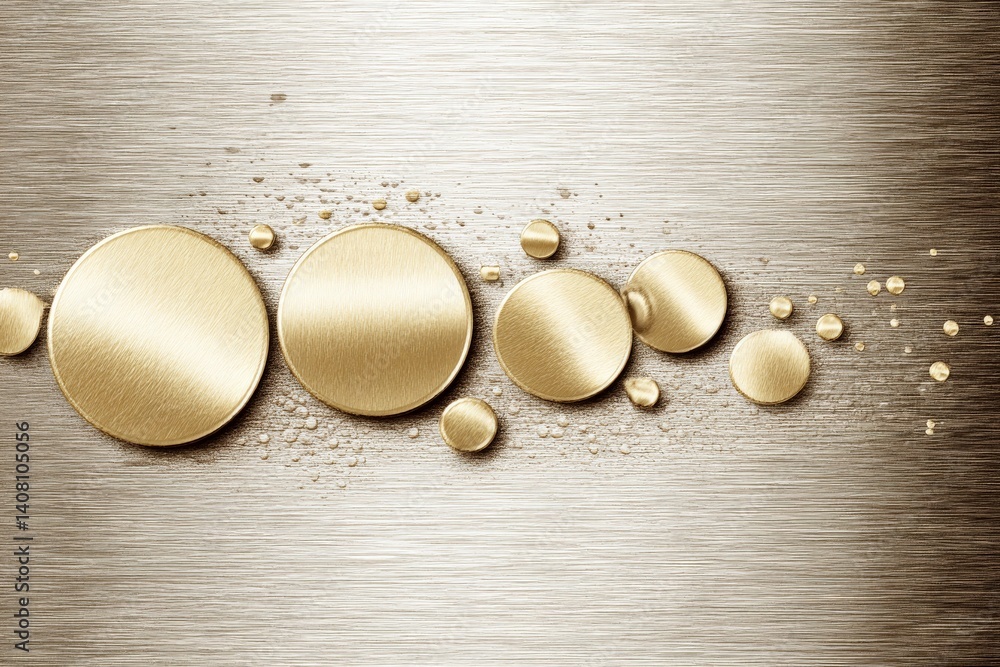 Poster smooth metallic surface with golden circular droplets and texture details creates an elegant visual 