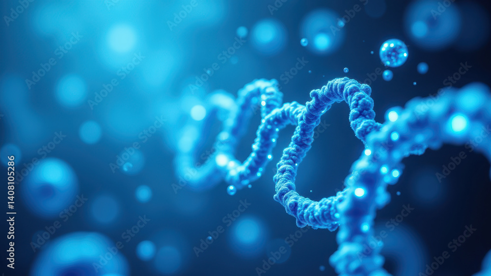 Poster close-up view of a glp-1 molecule with blue particles surrounding it, set against a blurred backgrou