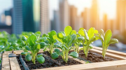 Urban gardening: growing fresh vegetables in city landscapes with sunlight streaming over a rooftop garden, showcasing sustainable living practices and homegrown food in a modern environment.