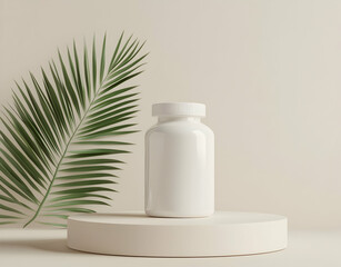 White supplement bottle mockup on a round podium with a palm leaf