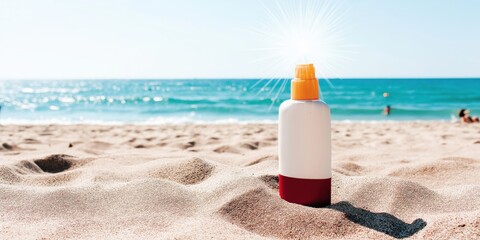 A bottle of sunscreen sits on the beach, with the sun shining brightly overhead. Concept of relaxation and leisure, as people are likely enjoying their time at the beach