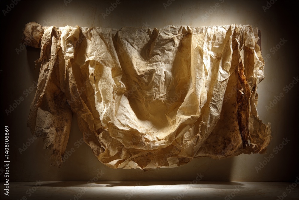 Poster art installation features crumpled paper draped on wall, illuminated to create intriguing shadows an