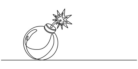 Bomb with burning fuse in one Continuous line drawing. Stress explosion and boom concept with fire wick in simple linear style, Bomb one line art, hand drawn military supply, ammunition continuous pro