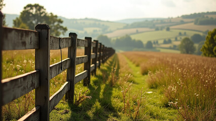 Fototapeta premium Wooden Fence in Field with Distant Hills