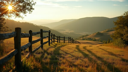 Wooden Fence on Hillside with Distant Mountains and Sunrise