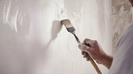 Painter applying a second coat of paint on a wall. Featuring detail and artistry