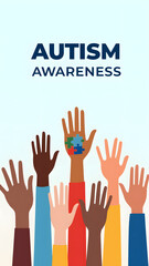 Obraz premium Raised hands in diverse skin tones with a puzzle-piece-adorned center hand. 