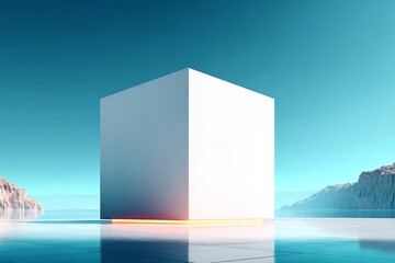 Modern geometric structure illuminated by soft light in surreal landscape during daytime