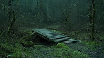 Fototapeta premium Wooden bridge, mossy forest, misty path.