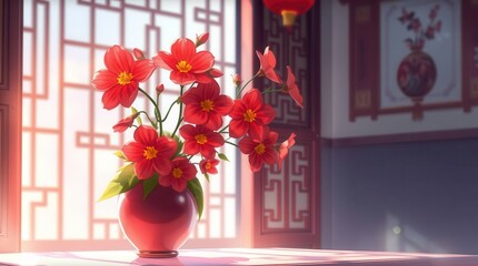 Soft Red Anime Flowers in Vase, Chinese Room Interior Cartoon Backdrop

