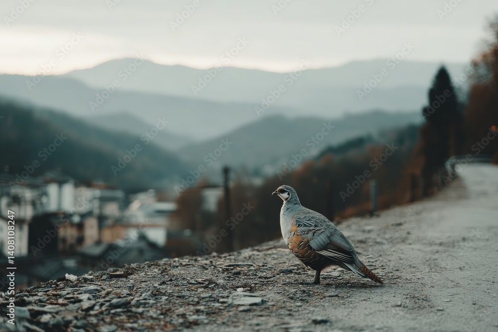 Poster wild bird stands on a path with a mountainous landscape in the background during overcast conditions