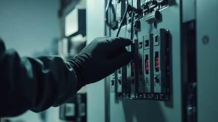 Electrician installing circuit breakers in a panel. Featuring electrical installation and safety procedures