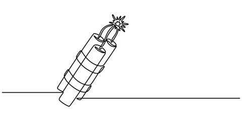 Bomb with burning fuse in one Continuous line drawing. Stress explosion and boom concept with fire wick in simple linear style, Bomb one line art, hand drawn military supply, ammunition continuous pro