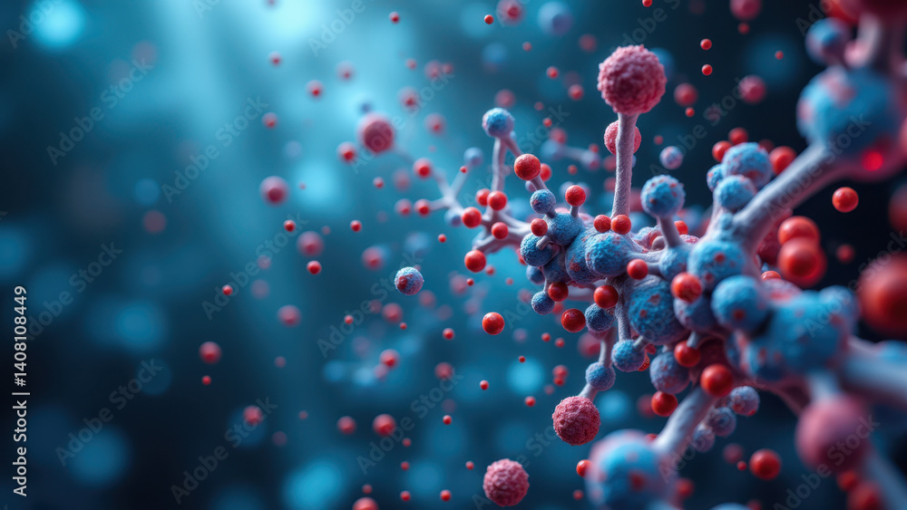 Poster a scientific microscopic view of a glp1 molecule surrounded by red and blue particles representing a