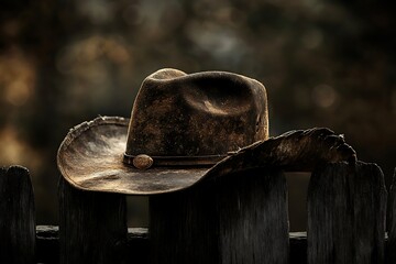 A worn and weathered cowboy hat rests on a rustic wooden fence, evoking a sense of history and adventure in the Wild West.